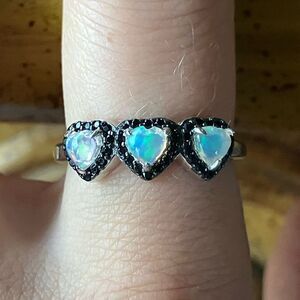 Natural Ethiopian Opal Black Spinel Sterling Silver Heart Ring Size 8
